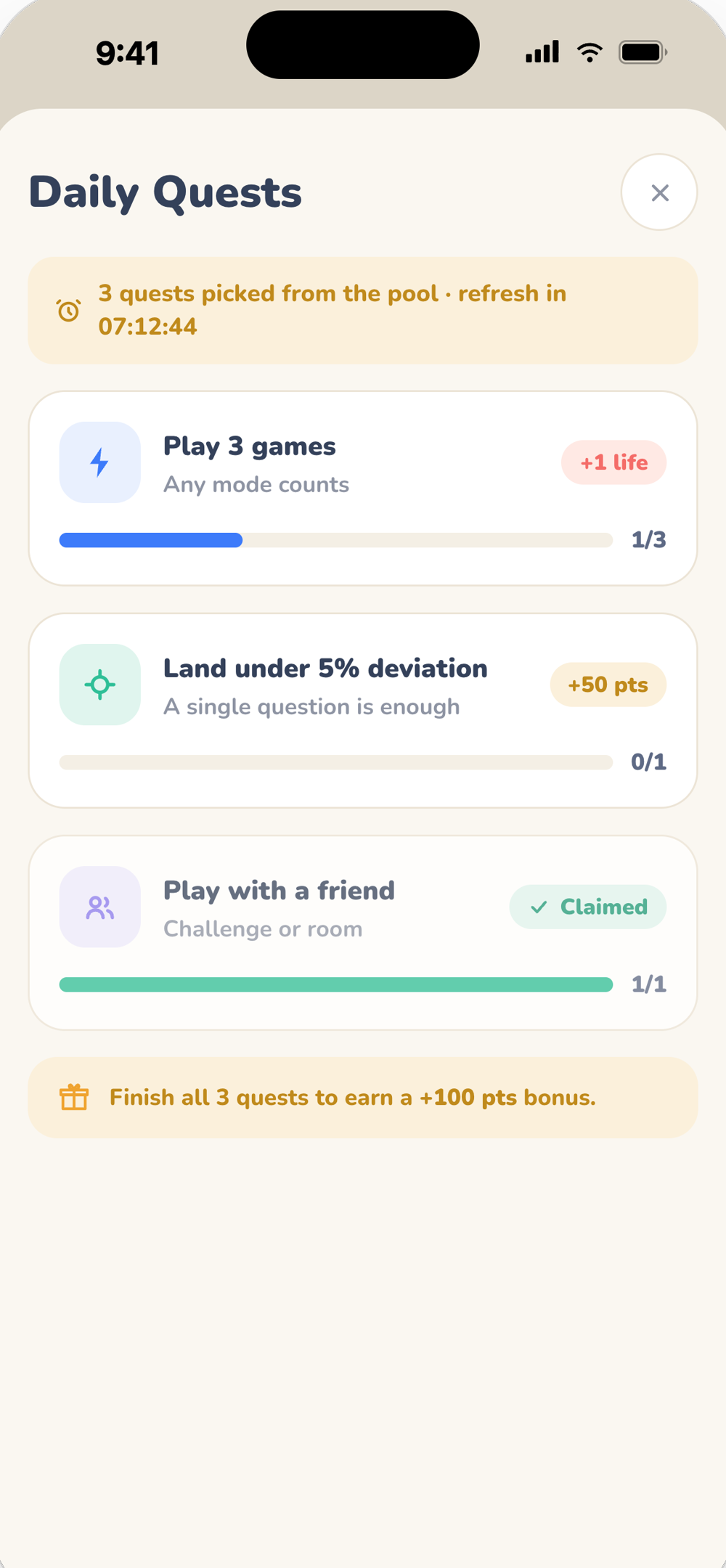 Daily quests screen